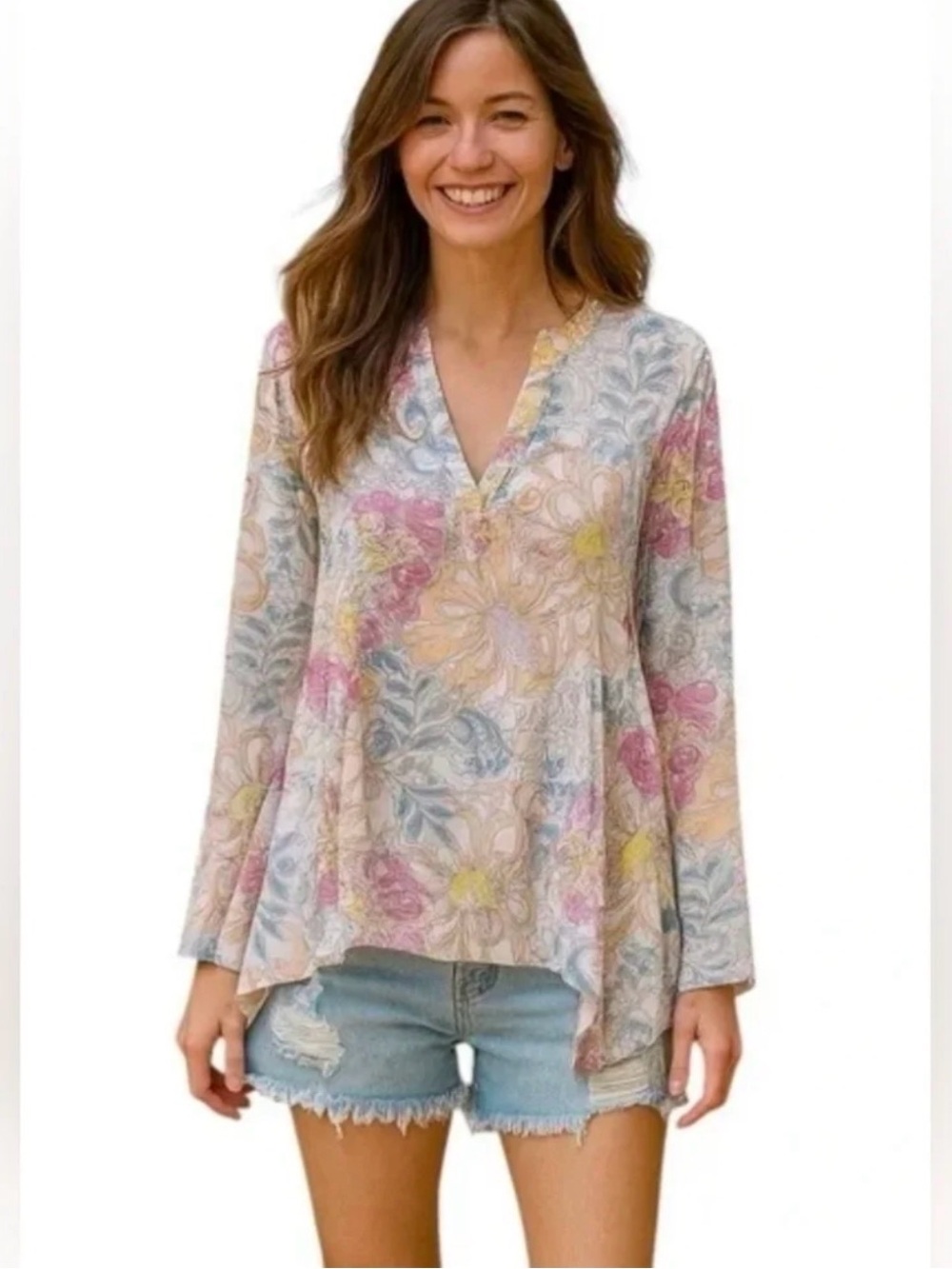 Maeve Anthropologie Laiken Floral Tunic Top V-Neck Long Sleeve size 12